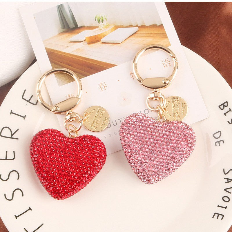 Korean Version Creative Rhinestone Heart Full Diamond Peach Heart Keychain Car Key Ring Pendant Bag Girl Pendant Gift